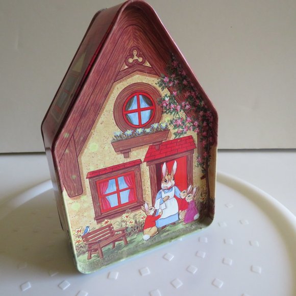 Rabbit House w young bunnies ALL SIDES DIFFERENT Tin BoxVintage - Picture 1 of 12